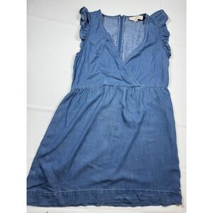 LOFT Petites Blue Denim Dress Ruffle Sleeves V Neck Casual sz 4P